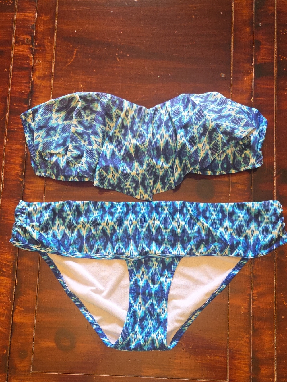 Jessica Simpson Blue & Teal Patterned Bandeau Bikini Set